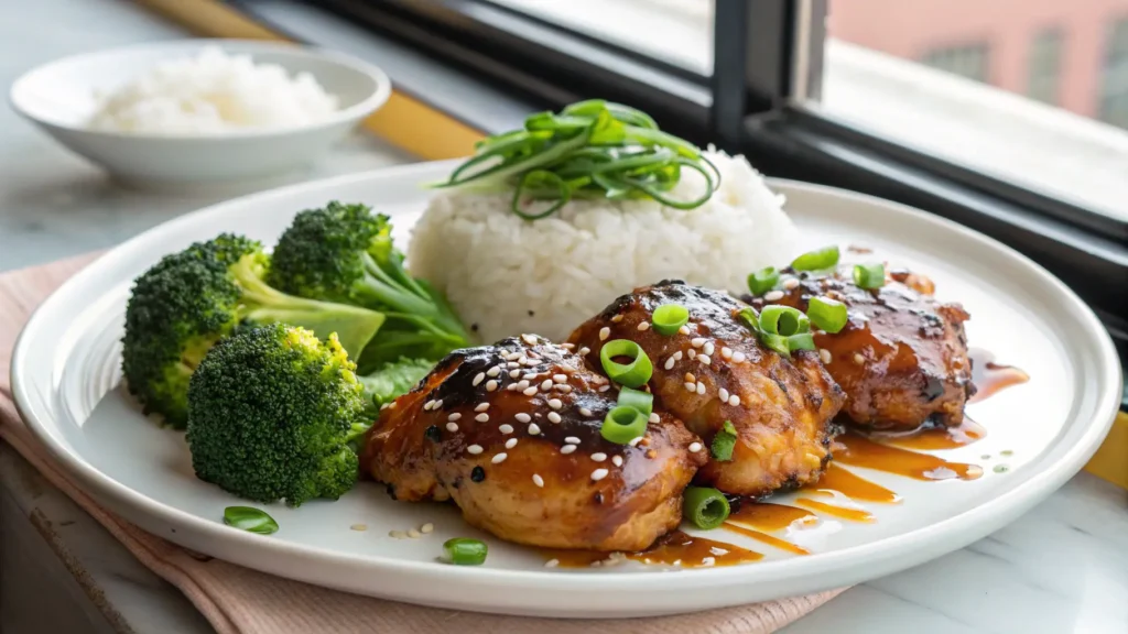Plated honey garlic chicken thighs served with jasmine rice and broccoli drizzled with sticky glaze