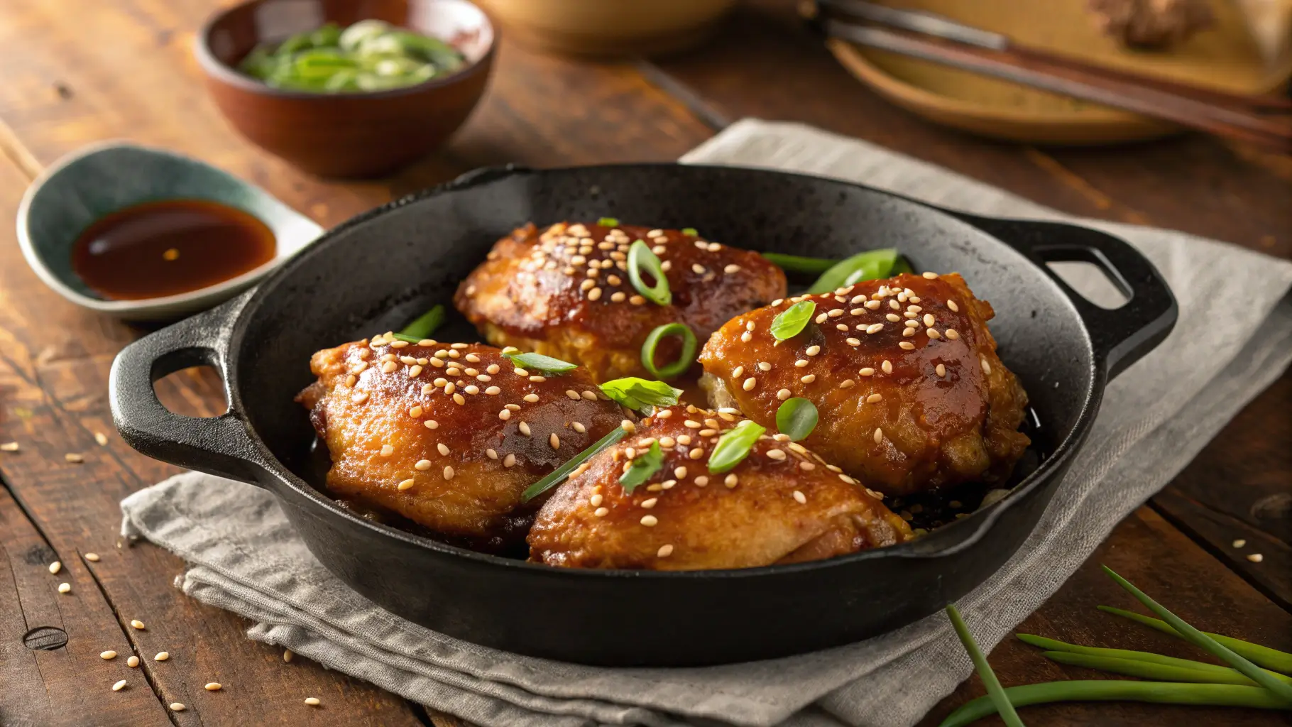 Honey garlic chicken thighs with glossy caramelized glaze in cast iron skillet garnished with sesame seeds and green onions