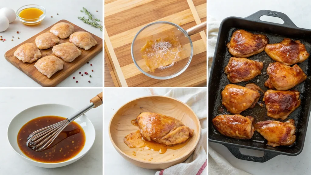 Seven-step visual tutorial showing how to make honey soy chicken thighs from raw chicken to glazed perfection