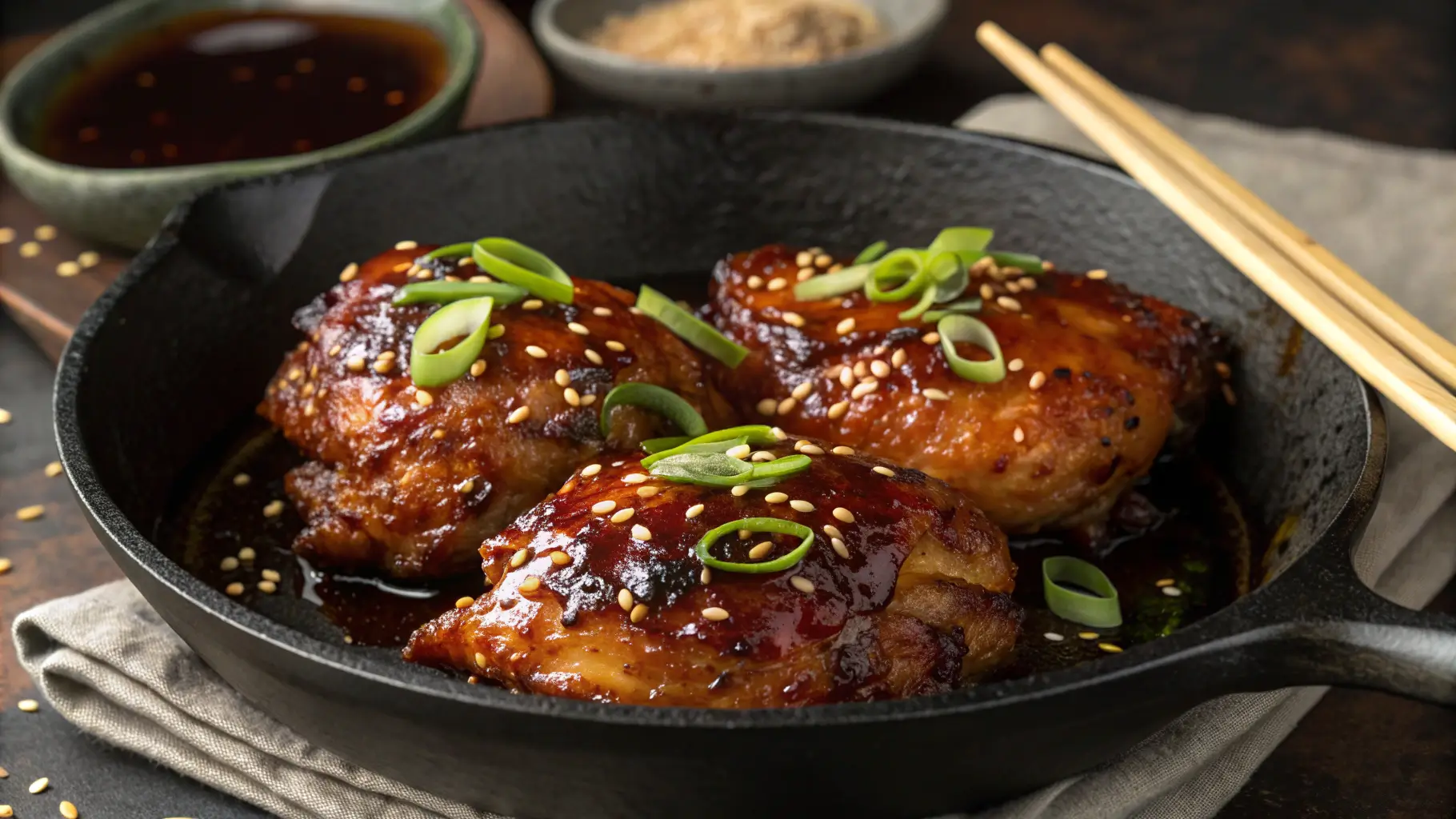 Golden honey soy chicken thighs with glossy caramelized glaze in cast iron skillet, garnished with sesame seeds and green onions