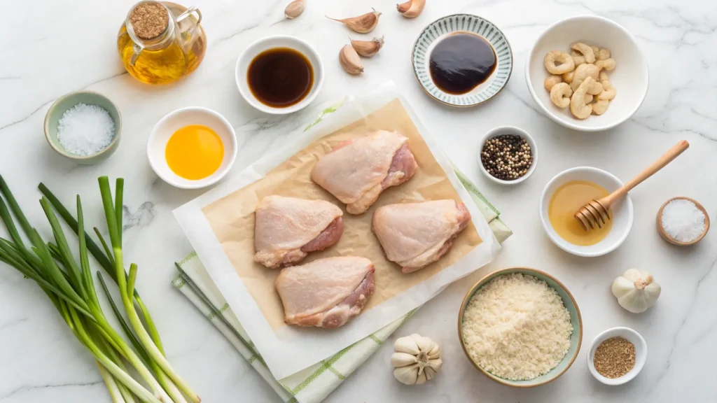Overhead flat lay of all ingredients for honey soy chicken thighs including raw chicken, honey, soy sauce, garlic, ginger