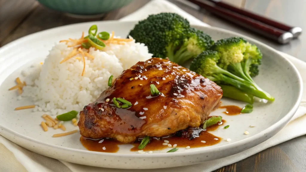 Restaurant-style plated honey soy chicken thigh with glossy caramelized glaze served over jasmine rice with steamed vegetables