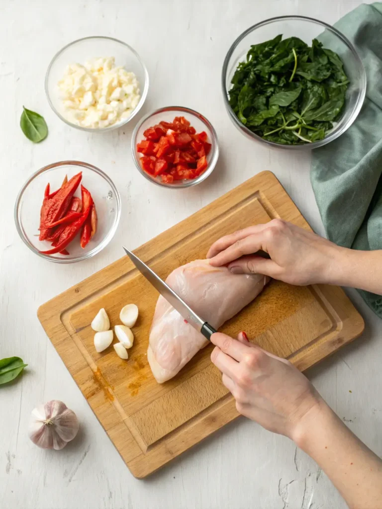 Hands butterflying raw chicken breast on cutting board with ingredients for roasted red pepper and mozzarella stuffing