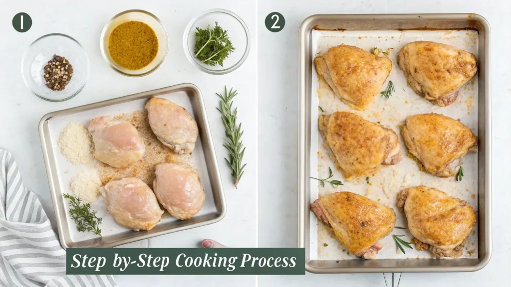 Step-by-step process showing how to prepare and cook oven baked chicken thighs from raw to golden crispy