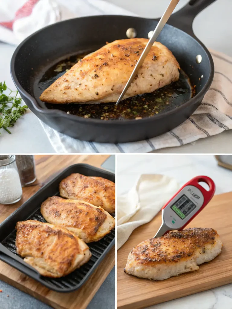 Step-by-step guide showing how to cook melt-in-your-mouth chicken breast from seasoning to searing to checking temperature