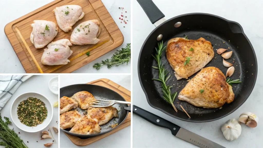 Step by step tutorial showing how to cook perfect skillet chicken thighs from raw to crispy