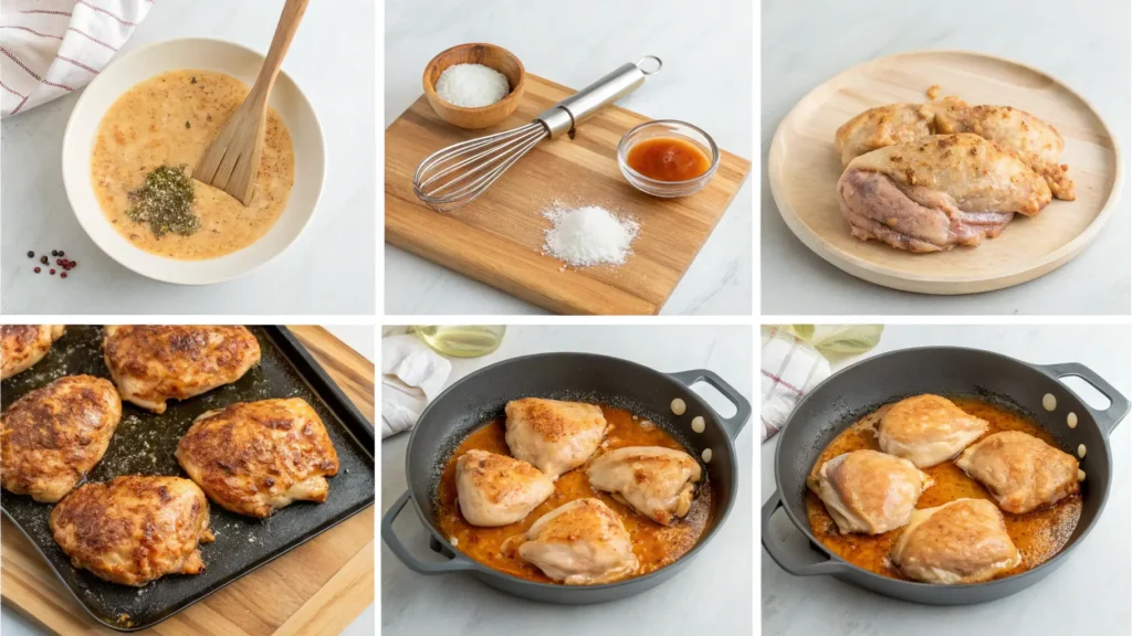 Step by step cooking process for making skillet bang bang chicken thighs from raw to glazed