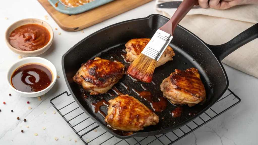 Basting caramelized BBQ chicken thighs in cast iron skillet with brush during cooking process