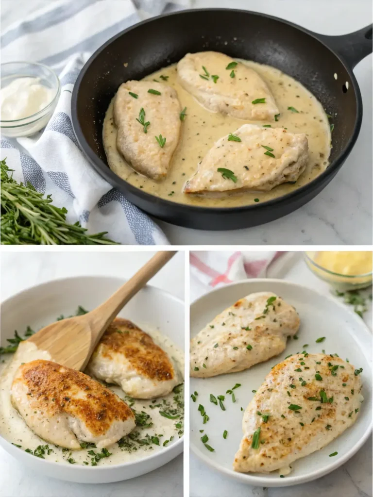 Four-step tutorial showing how to make cream cheese chicken from searing to finished creamy sauce