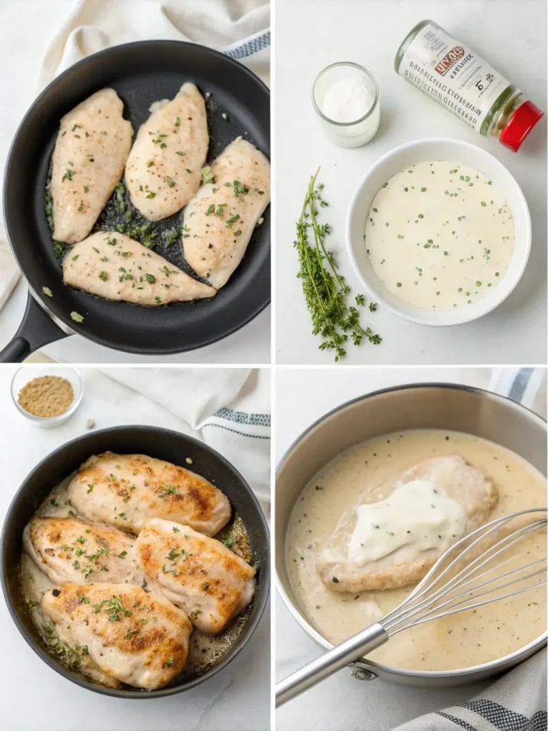 Step by step photos showing how to cook creamy ranch chicken from seasoning to finished sauce