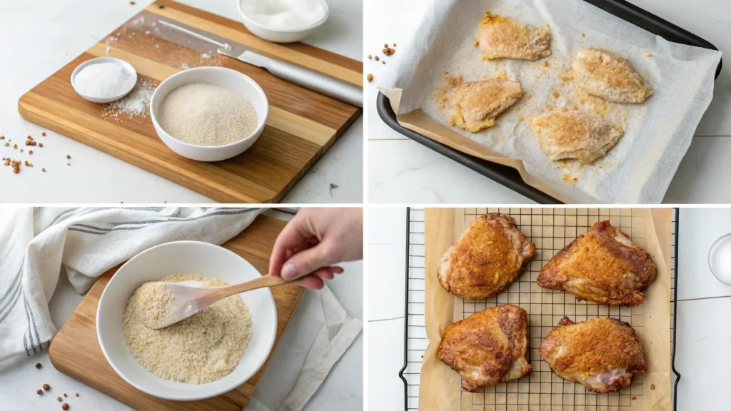 Four-step visual tutorial showing how to make crispy chicken thighs: patting dry with paper towels, seasoning with spices, arranging on wire rack, and finishing in hot skillet