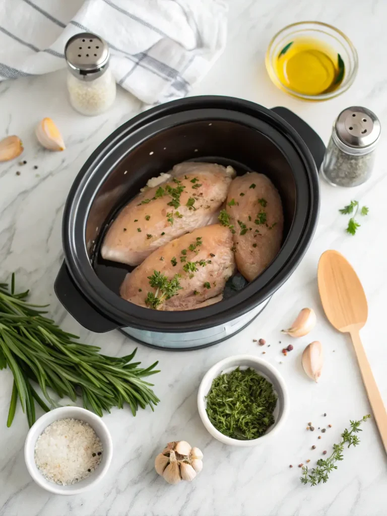 Step-by-step guide showing chicken breasts being placed in crockpot with seasonings