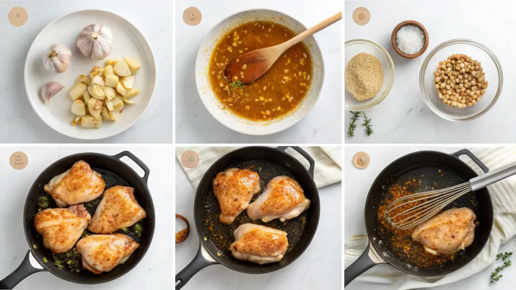 Step by step process showing how to make honey garlic chicken thighs from seasoning to glazing and baking