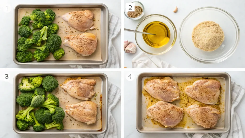 Step-by-step tutorial showing how to prepare sheet pan chicken thighs with roasted broccoli from seasoning to finished dish