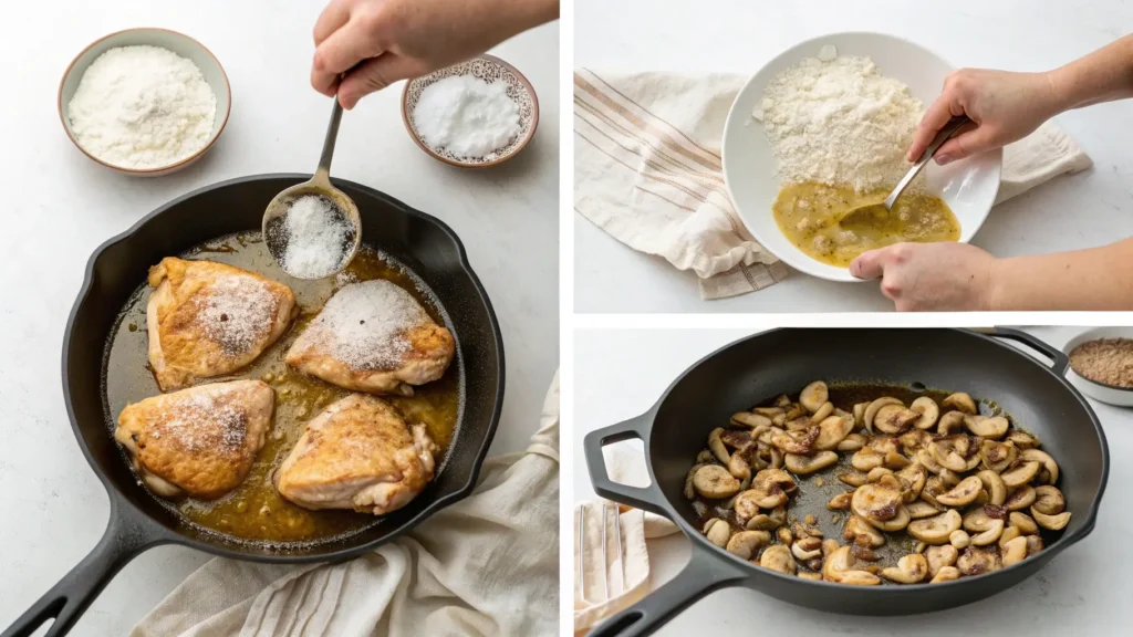 Four step cooking process showing how to make smothered chicken thighs with gravy from seasoning to braising