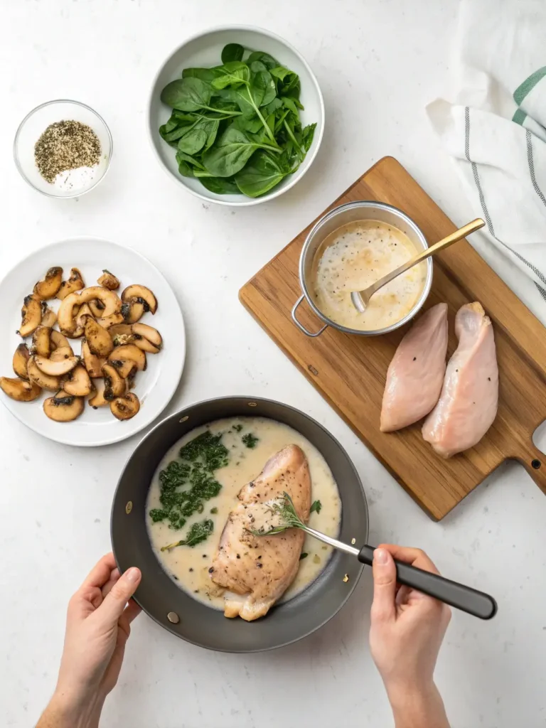 Fresh ingredients for low-carb chicken spinach mushroom recipe including chicken breast, spinach, mushrooms, cream, and Parmesan cheese