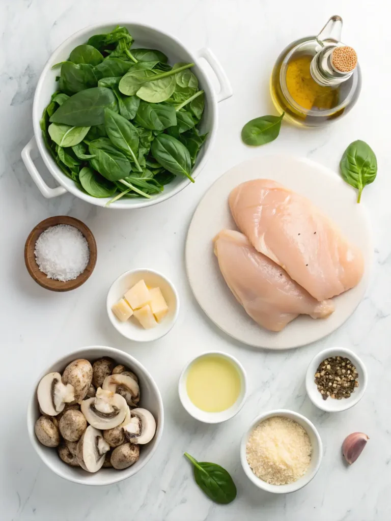 Fresh ingredients for low-carb chicken spinach mushroom recipe including chicken breast, spinach, mushrooms, cream, and Parmesan cheese
