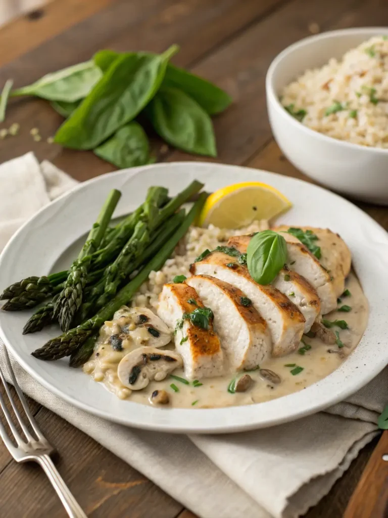 Plated low-carb chicken spinach mushroom with cauliflower rice and asparagus on white ceramic plate