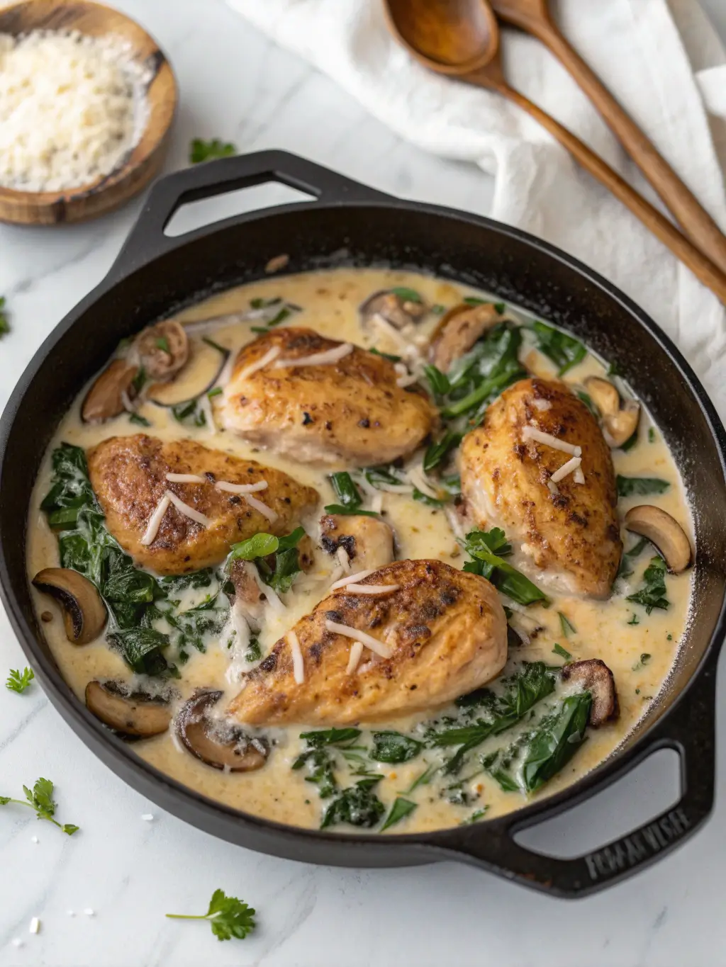 Low-carb chicken spinach mushroom in creamy sauce served in cast iron skillet with fresh parsley garnish