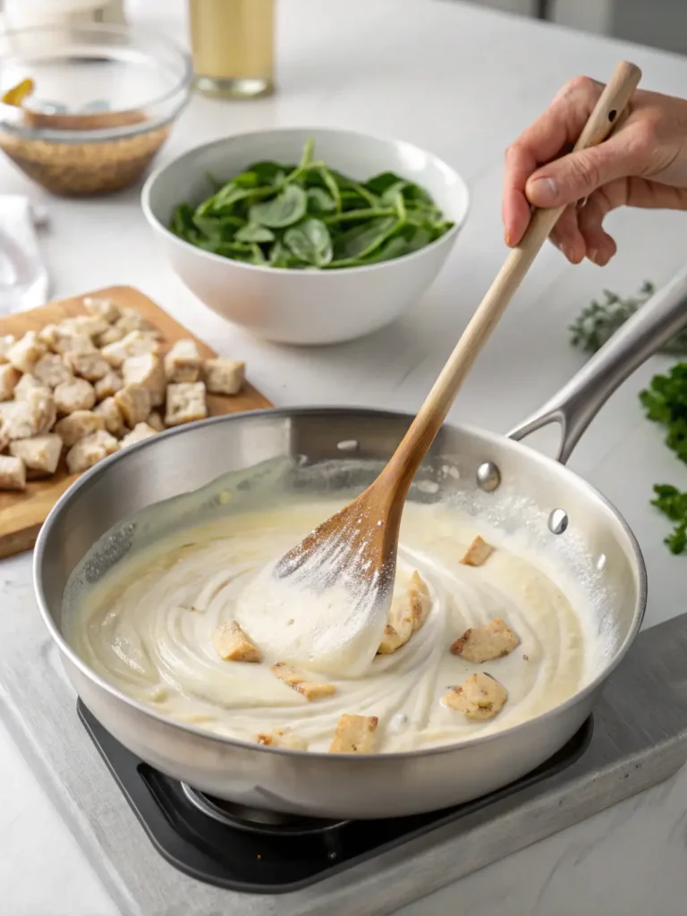 Stirring creamy white sauce in skillet for chicken and spinach casserole with melted cream cheese