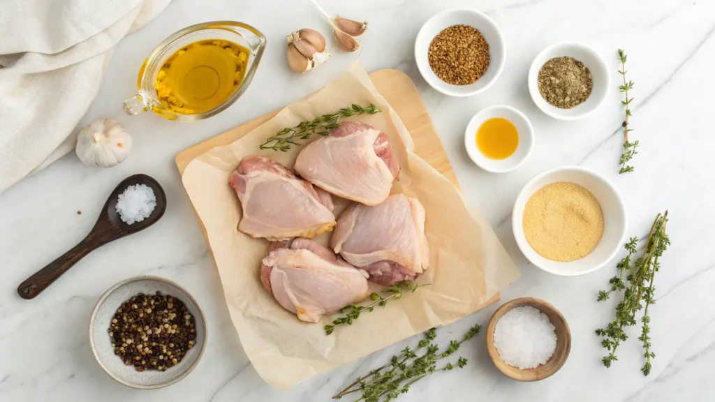 All ingredients needed for maple Dijon roasted chicken thighs including chicken, maple syrup, Dijon mustard, and spices