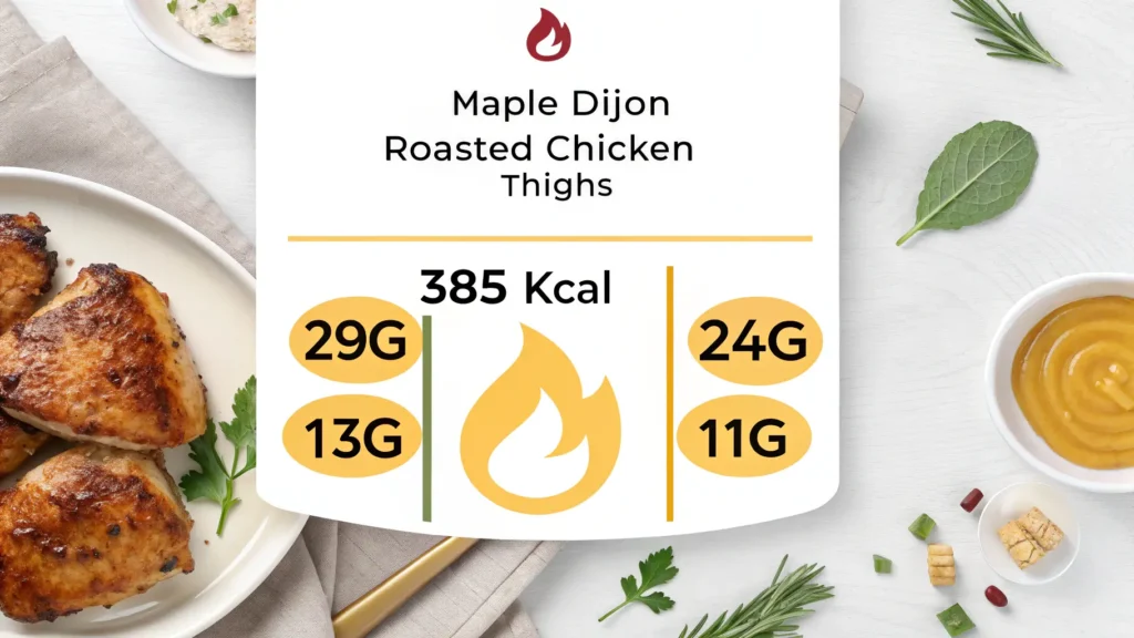 Nutrition facts infographic for maple Dijon roasted chicken thighs showing calories, protein, fat, and carbohydrates per serving