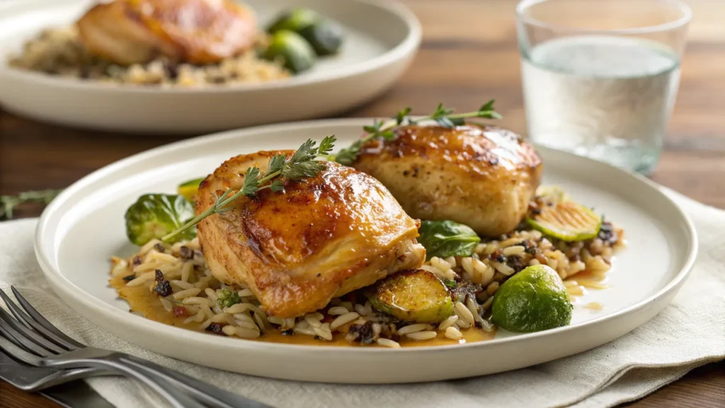 Plated maple Dijon roasted chicken thighs served with Brussels sprouts and wild rice on white plate