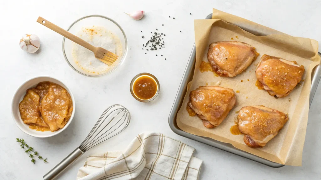 Step-by-step process showing how to make maple Dijon roasted chicken thighs from raw to glazed to baked