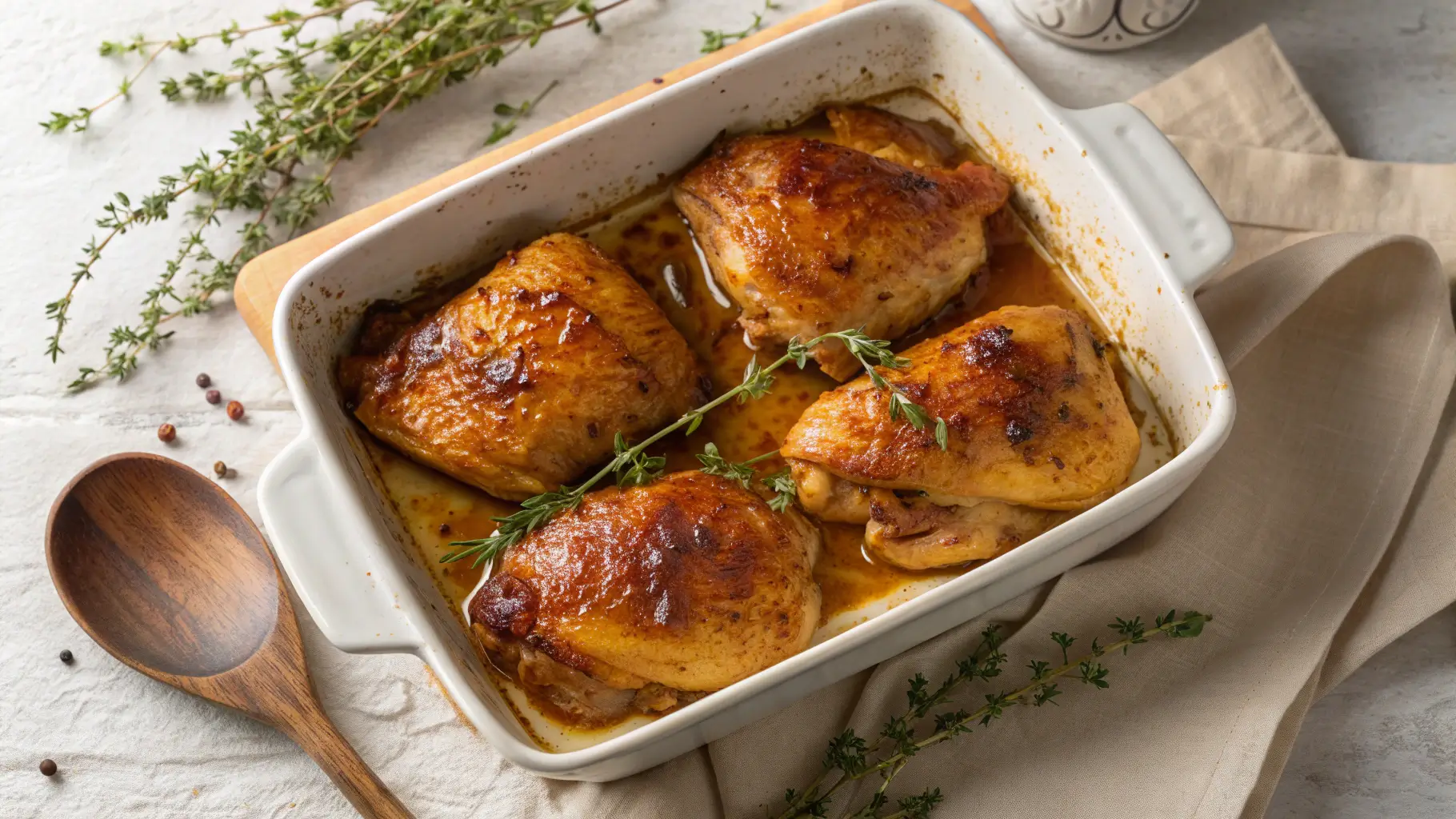Golden maple Dijon roasted chicken thighs with crispy skin and sticky glaze in a white baking dish