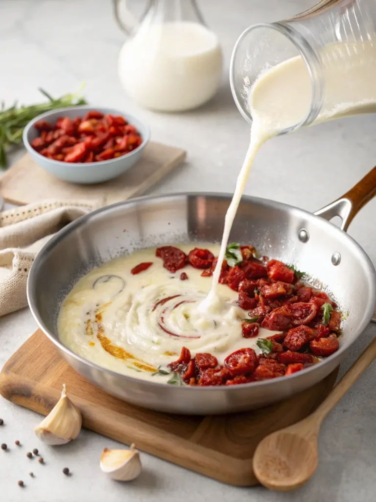 Pouring heavy cream into skillet with garlic and sun-dried tomatoes for Marry Me Chicken sauce