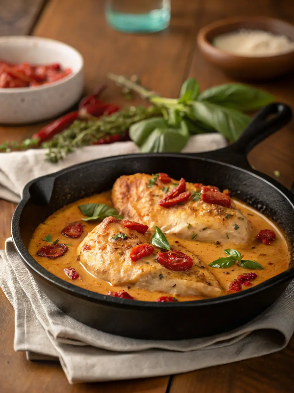 Marry Me Chicken in cast iron skillet with creamy sun-dried tomato sauce and fresh basil garnish