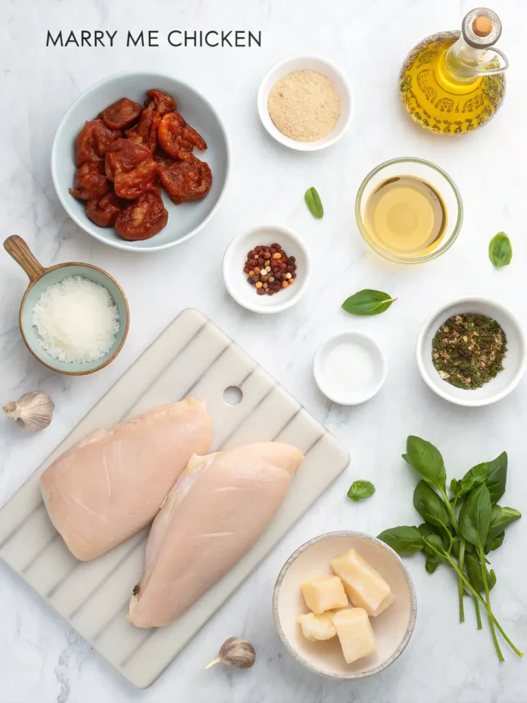 All ingredients for Marry Me Chicken recipe including chicken breasts, sun-dried tomatoes, cream, and Parmesan cheese arranged on marble surface