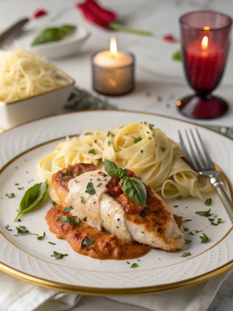 Plated Marry Me Chicken with creamy sauce served on white plate with pasta for romantic dinner