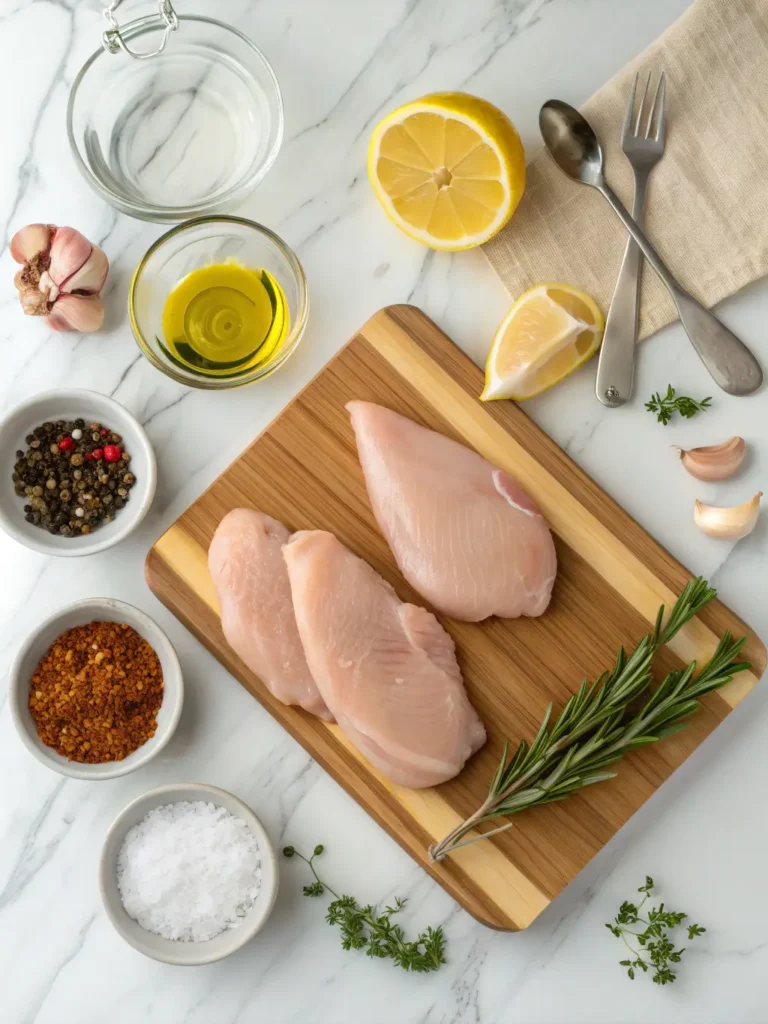 Raw chicken breasts with olive oil, seasonings, and fresh herbs arranged for melt-in-your-mouth chicken breast recipe