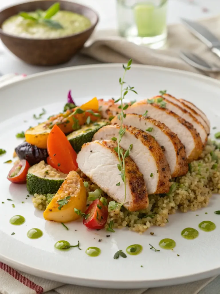 Perfectly cooked melt-in-your-mouth chicken breast served with roasted vegetables and quinoa on elegant white plate