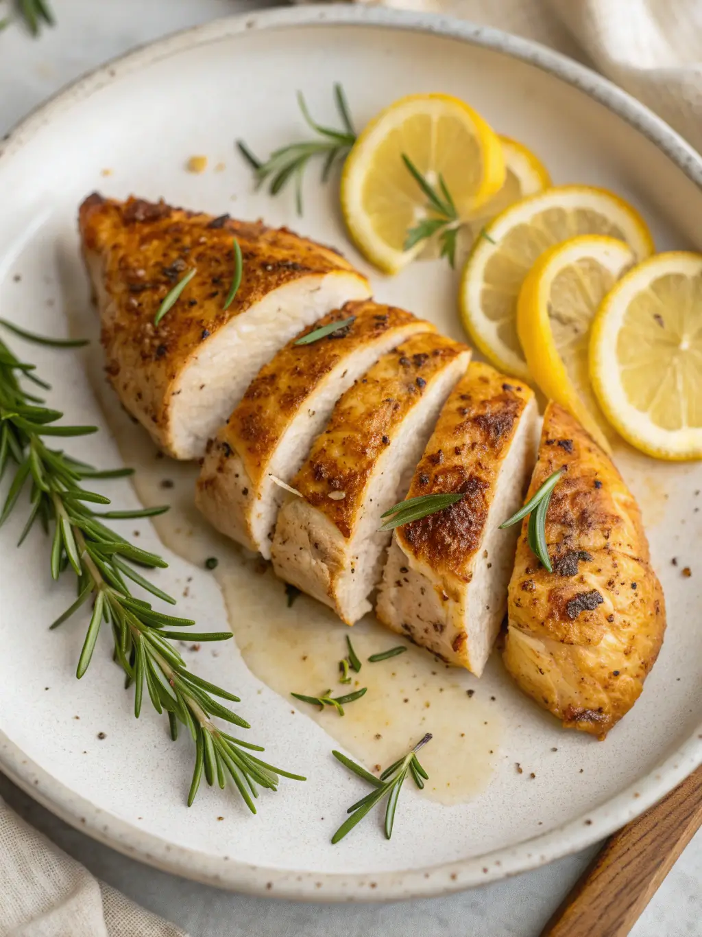 Melt-in-your-mouth chicken breast sliced on white plate with fresh herbs and lemon garnish