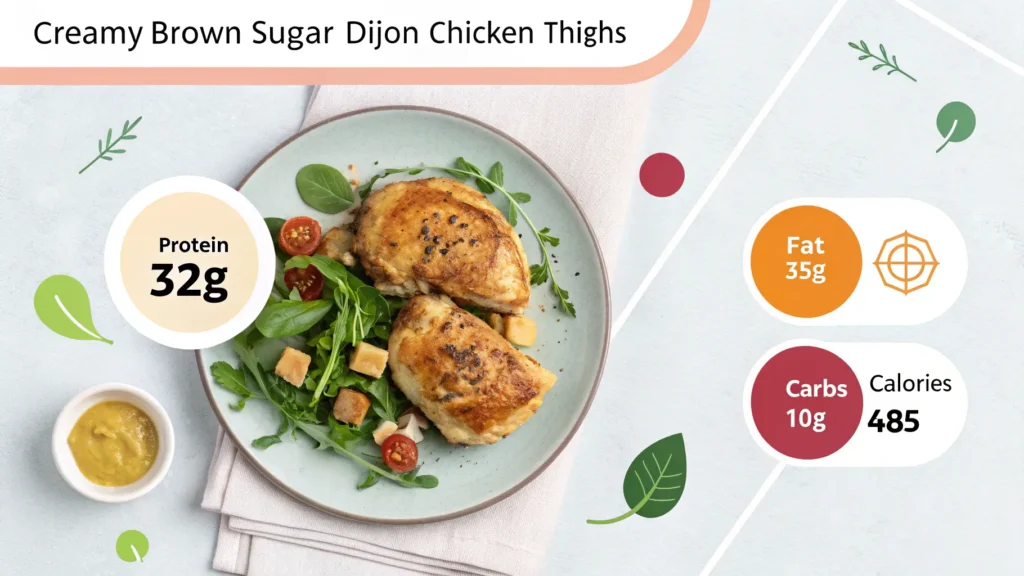 Nutritional infographic for Creamy Brown Sugar Dijon Chicken Thighs displaying macronutrients and key vitamins per serving