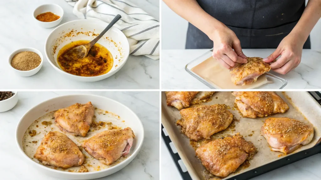Step-by-step preparation of Nigella Chicken Thighs Recipe showing marinating, seasoning, and roasting process