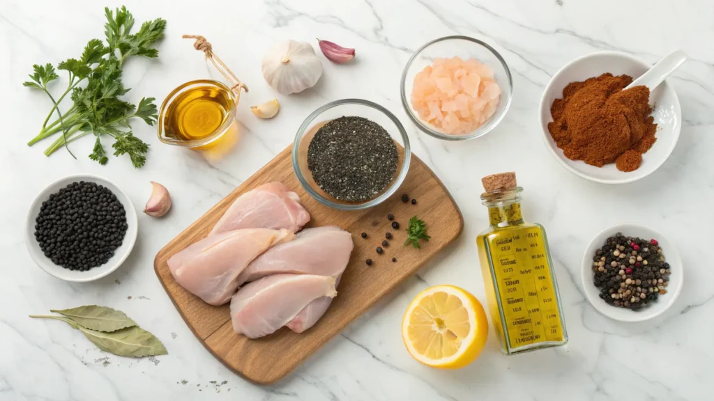 All ingredients for Nigella Chicken Thighs Recipe including raw chicken, nigella seeds, spices, garlic, and olive oil