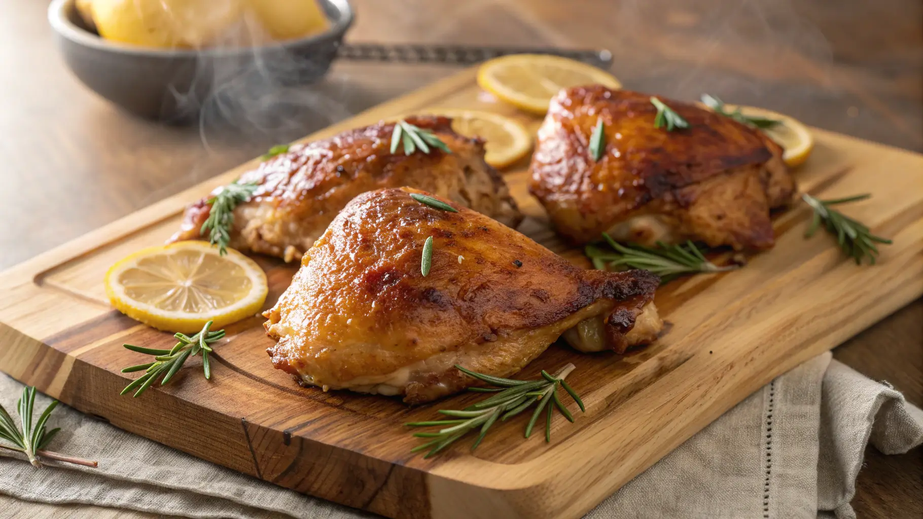 Golden crispy oven baked chicken thighs with herbs and lemon on rustic wooden board