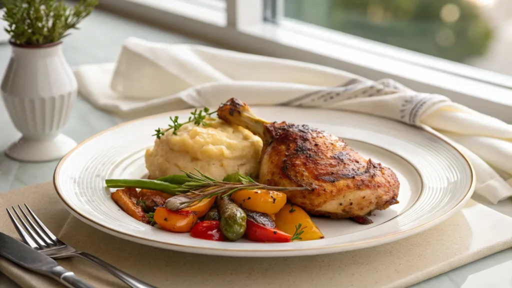 Plated oven baked chicken thigh with crispy skin served with roasted vegetables and mashed potatoes