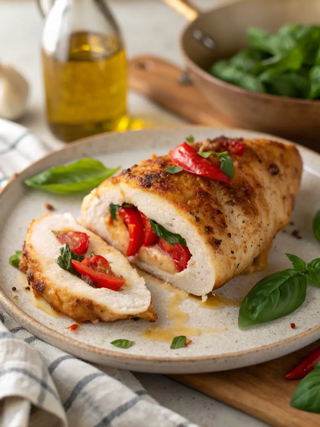 Sliced roasted red pepper and mozzarella stuffed chicken breast on white plate showing melted cheese and pepper filling