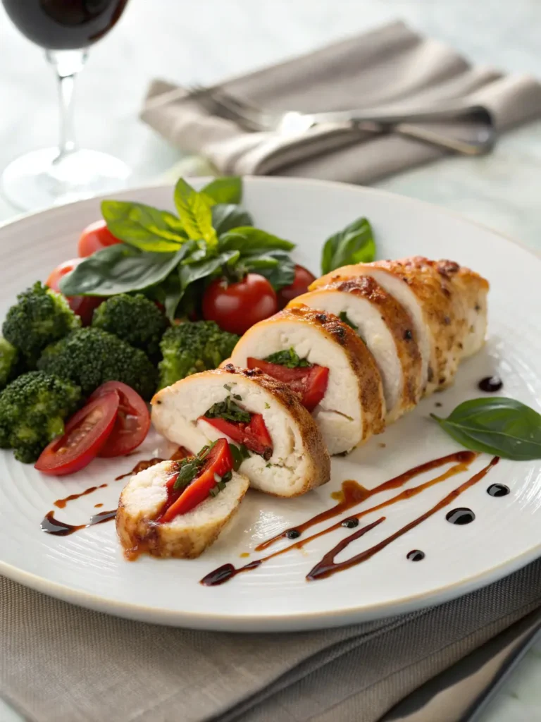 Restaurant-style plated roasted red pepper and mozzarella stuffed chicken with roasted vegetables and balsamic drizzle