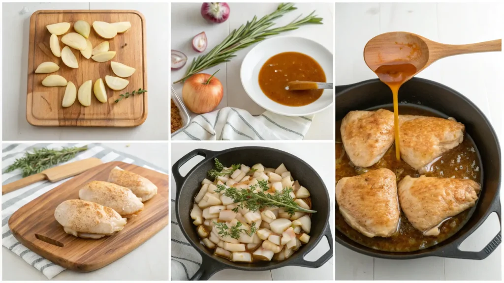 Step-by-step cooking process for Rosemary Apple Cider Chicken Recipe showing searing, sautéing, deglazing, and braising techniques