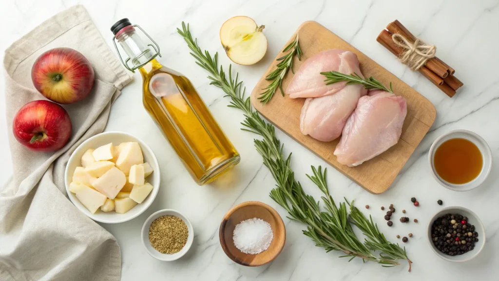 Ingredients for Rosemary Apple Cider Chicken Recipe including chicken thighs, fresh apple cider, rosemary sprigs, apples, onions, and seasonings