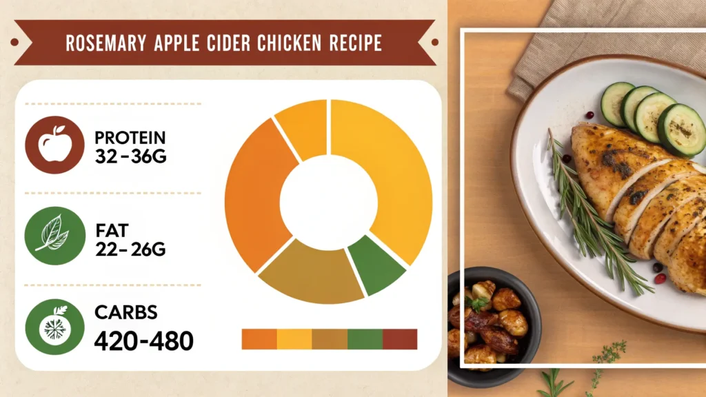 Nutritional information infographic for Rosemary Apple Cider Chicken Recipe showing 420-480 calories, 32-36g protein, and macronutrient breakdown per serving
