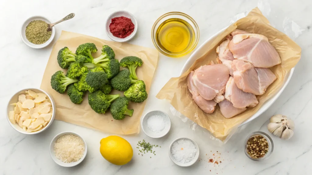 All ingredients for sheet pan chicken thighs with roasted broccoli laid out including raw chicken, fresh broccoli, olive oil, and seasonings