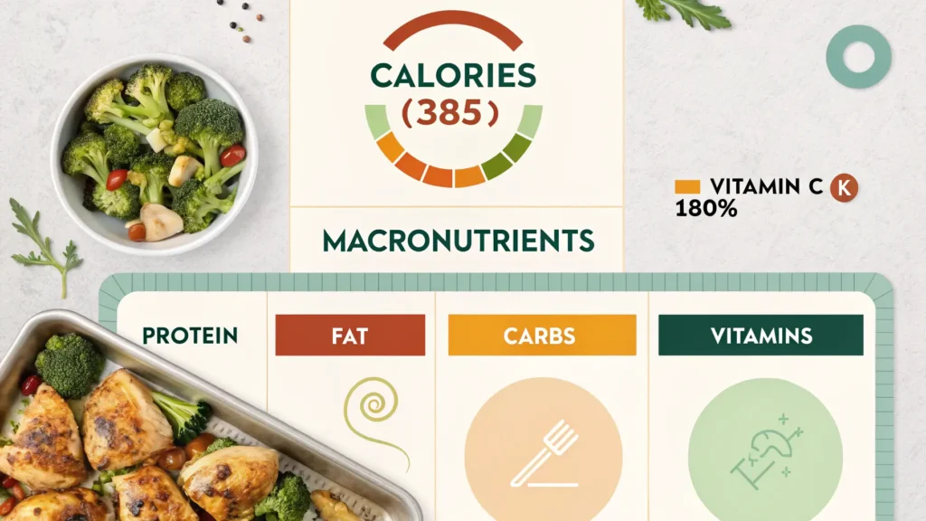 Nutritional information infographic for sheet pan chicken thighs with roasted broccoli showing 385 calories, 32g protein, vitamins and macros