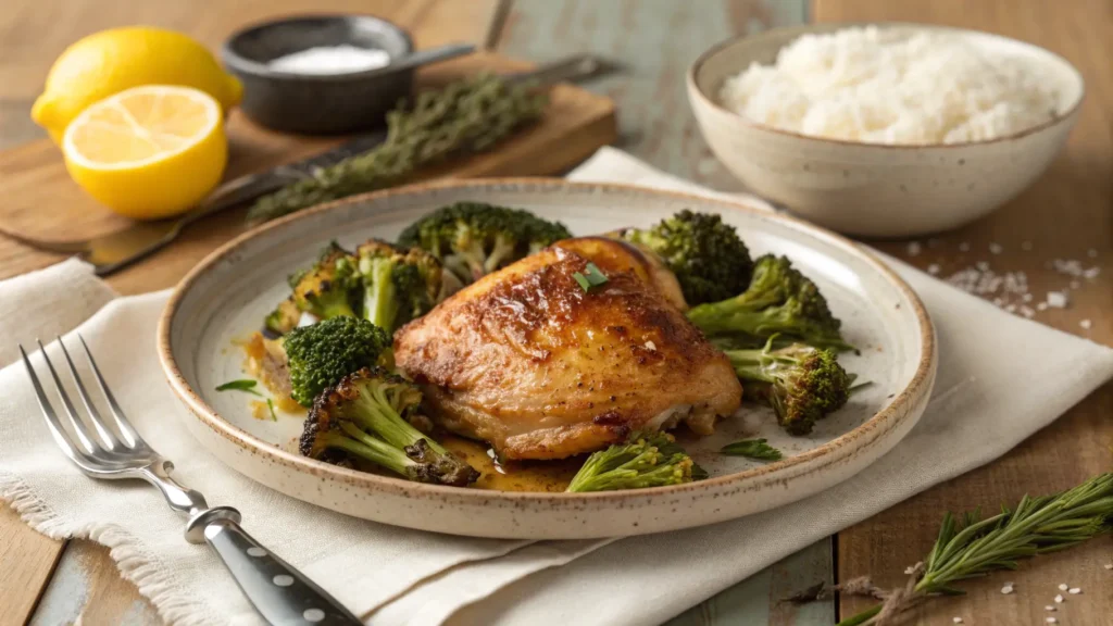 Plated sheet pan chicken thighs with roasted broccoli served on rustic ceramic plate with rice and fresh lemon wedge