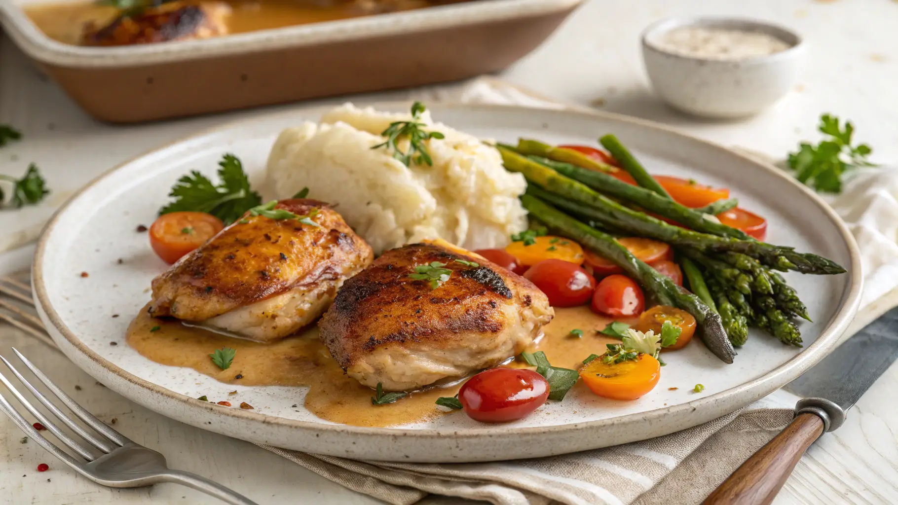 Plated skillet chicken thighs with roasted vegetables and mashed potatoes ready to serve